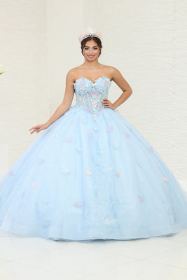 LA Merchandise LA246 Butterfly Applique Strapless Quince Ball Gown - BABY BLUE - LA Merchandise
