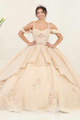 LA Merchandise LA250 Floral Beaded Tiered Quinceanera Gown - CHAMPAGNE - LA Merchandise