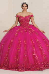 LA Merchandise LA252 Off-Shoulder Butterfly Applique Ball Gown - MAGENTA - LA Merchandise