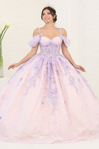 LA Merchandise LA257 Lilac/Blush Bustier Beaded Floral Ball Gown - LILAC BLUSH - LA Merchandise