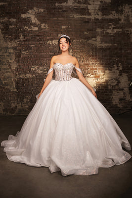 LA Merchandise LA281 Off-Shoulder Quinceañera Gown with Rhinestone Corset Bodice
