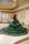 Load image into Gallery viewer, Wholesale Off-Shoulder Sweetheart Glitter Tulle Embroidered Lace Appliqué Tiered Ballgown by LA302