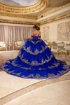 Load image into Gallery viewer, Wholesale Off-Shoulder Sweetheart Glitter Tulle Embroidered Lace Appliqué Tiered Ballgown by LA302