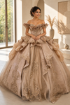 Load image into Gallery viewer, Off-Shoulder Crystal Beaded Corset Organza Ruffle Ball Gown Quinceañera Dress by LA307 - GOLD - Quinceanera Dresses LA Merchandise