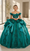 Load image into Gallery viewer, Off-Shoulder Crystal Beaded Corset Organza Ruffle Ball Gown Quinceañera Dress by LA307 - HUNTERGREEN - Quinceanera Dresses LA Merchandise