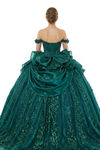 Load image into Gallery viewer, Wholesale Off-Shoulder Sweetheart Glitter Tulle Ball Gown with Floral Appliqué and Bow Back by LA313 - - Quinceanera Dress LA MERCHANDISE
