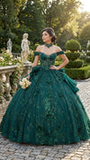 Load image into Gallery viewer, Wholesale Off-Shoulder Sweetheart Glitter Tulle Ball Gown with Floral Appliqué and Bow Back by LA313 - HUNTERGREEN MULTI - Quinceanera Dress LA MERCHANDISE