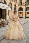 Load image into Gallery viewer, Wholesale Off-Shoulder Sweetheart Beaded Glitter Tulle Ball Gown with Floral Lace Appliqué by LA317 - CHAMPAGNE GOLD - Quinceanera Dress LA Merchandise