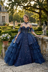 Load image into Gallery viewer, Wholesale Off-Shoulder Sweetheart Beaded Glitter Tulle Ball Gown with Floral Lace Appliqué by LA317 - NAVY - Quinceanera Dress LA Merchandise