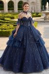 Load image into Gallery viewer, Wholesale Off-Shoulder Sweetheart Beaded Glitter Tulle Ball Gown with Floral Lace Appliqué by LA317 - NAVY - Quinceanera Dress LA Merchandise