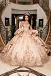 Cargar imagen en el visor de la galería, LA319 Wholesale Off-Shoulder Sweetheart Corset Glitter Quinceañera Ball Gown with Sweeping Train - CHAMPAGNE GOLD - Quinceanera Dress LA Merchandise