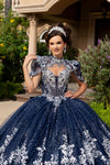 Cargar imagen en el visor de la galería, LA320 Wholesale Navy/Silver Sleeveless Quinceanera Gown with Detachable Cape Lace Appliques Train