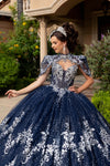 Cargar imagen en el visor de la galería, LA320 Wholesale Navy/Silver Sleeveless Quinceanera Gown with Detachable Cape Lace Appliques Train