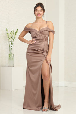 LA Merchandise LA7990 Simple Off-Shoulder Satin Bridesmaids Dress - CAPPUCCINO - Dress LA Merchandise
