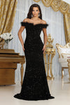 Load image into Gallery viewer, LA Merchandise LA7992 Off-Shoulder Long Sequin Feather Prom Dress - BLACK - Dress LA Merchandise