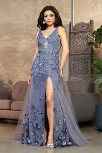LA Merchandise LA8031 3D Floral Applique Pearl Tulle Gala Gown - DUSTY BLUE - Dress LA Merchandise