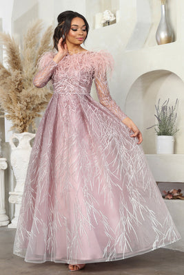 LA Merchandise LA8044 Feather Long Sleeve Mother of Bride Mesh Gown - MAUVE - Dress LA Merchandise