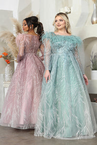 LA Merchandise LA8044 Feather Long Sleeve Mother of Bride Mesh Gown - - Dress LA Merchandise