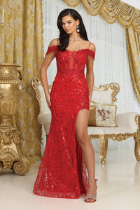 LA Merchandise LA8062 Lace Appliqued Sequin Corset Long Evening Dress - RED - Dress LA Merchandise