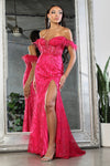 Load image into Gallery viewer, LA Merchandise LA8072 Corset Bodice Feather Off-Shoulder Gala Gown - FUCHSIA - Dress LA Merchandise