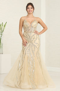 LA Merchandise LA8078 Spaghetti Strap Tulle Beaded Prom Gown - GOLD - Dress LA Merchandise