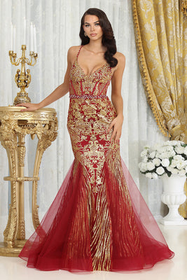 LA Merchandise LA8079 Gold Embellished Evening Mermaid Gown - BURGUNDY GOLD - Dress LA Merchandise