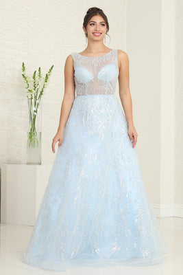LA Merchandise LA8081 Illusion Sequin A-Line Red-Carpet Gown - BABY BLUE - Dress LA Merchandise