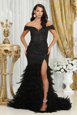 LA Merchandise LA8093 Sweetheart Beaded Feather Accent Gala Gown - BLACK - Dress LA Merchandise