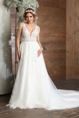LA Merchandise LA8098 Ivory V-Neck Sleeveless Wedding Lace Gown - IVORY - Dress LA Merchandise