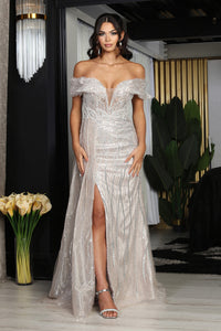 LA Merchandise LA8100 Rhinestone Beaded Prom Off Shoulder Gown - CHAMPAGNE SILVER - Dress LA Merchandise