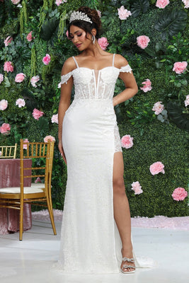 LA Merchandise LA8107B Beaded Corset Ivory Wedding Dress - IVORY - Dress LA Merchandise