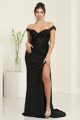 LA Merchandise LA8110 Floral Applique Sheath Sequin Gala Gown - BLACK - Dress LA Merchandise