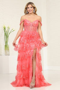 LA Merchandise LA8115 Layered Ruffle Corset Embellished Gala Gown - CORAL - Dress LA Merchandise