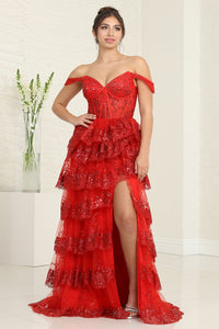LA Merchandise LA8115 Layered Ruffle Corset Embellished Gala Gown - RED - Dress LA Merchandise