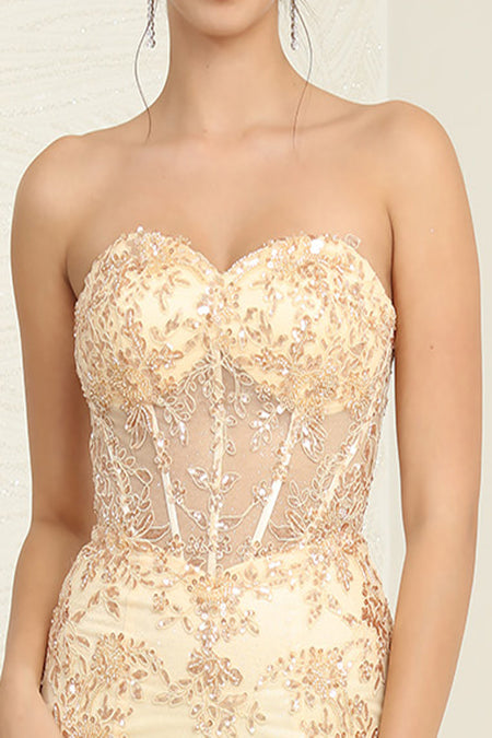 LA Merchandise LA8118 Champagne/Gold Floral Prom Evening Gown - - Dress LA Merchandise