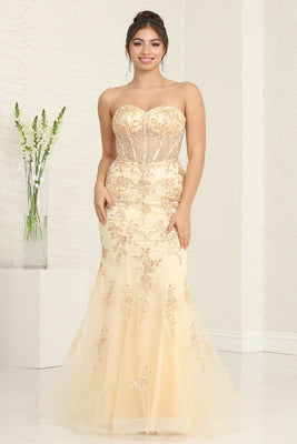 LA Merchandise LA8118 Champagne/Gold Floral Prom Evening Gown - CHAMPAGNE GOLD - Dress LA Merchandise