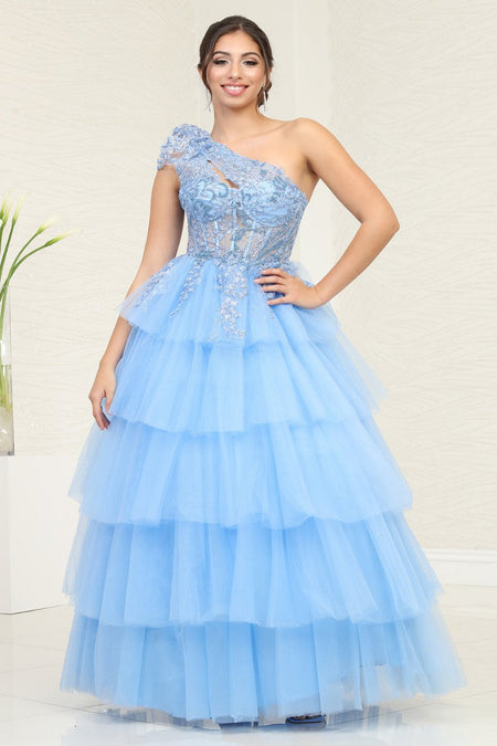 LA Merchandise LA8119 Layered Ruffle Asymmetric Gala Tulle Dress - SMOKE BLUE - Dress LA Merchandise