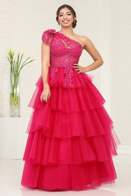 LA Merchandise LA8119 Layered Ruffle Asymmetric Gala Tulle Dress - FUCHSIA - Dress LA Merchandise