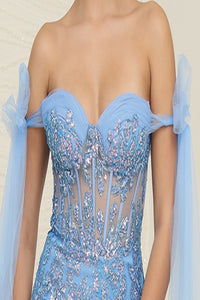 LA Merchandise LA8121 Beaded Bow Style Perrywinkle Evening Gown - - Dress LA Merchandise