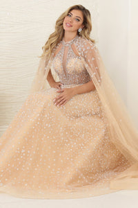 LA Merchandise LA8133 Champagne Beaded Wholesale Evening Dress W/ Cape