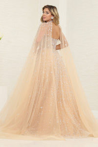 LA Merchandise LA8133 Champagne Beaded Wholesale Evening Dress W/ Cape