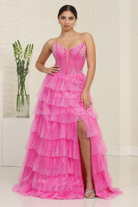 LA Merchandise LA8142 Plunging Neck Beaded Ruffle Prom Evening Gown - FUCHSIA - Dress LA Merchandise