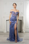 Load image into Gallery viewer, LA Merchandise LA8195 Off-Shoulder Beaded High Slit Evening Gown - DUSTYBLUE - Prom Dress LA Merchandise