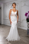 Load image into Gallery viewer, Wholesale Beaded Sheer Mesh Mermaid Bridal Evening Gown with Spaghetti Straps and Train by LA8201