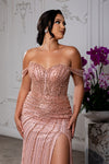 Load image into Gallery viewer, Wholesale Off-Shoulder Beaded Evening Gown with High Slit by LA8214