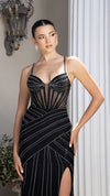 Load image into Gallery viewer, Wholesale Rhinestone Embellished Mesh Corset Evening Gown with High Slit by LA8215
