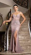 Load image into Gallery viewer, Wholesale Strapless Embellished Corset Gown Sheer Bodice Crystal Beading High Slit by LA8218 - ROSEGOLD - Prom Dress LA Merchandise