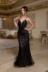 Load image into Gallery viewer, Wholesale Beaded Mesh Mermaid Evening Gown Strappy V-Neck Formal Dress with Lace-Up Back by LA8222 - BLACK NUDE - Prom Dress LA Merchandise