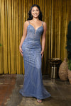 Load image into Gallery viewer, Wholesale Beaded Mesh Mermaid Evening Gown Strappy V-Neck Formal Dress with Lace-Up Back by LA8222 - DUSTYBLUE - Prom Dress LA Merchandise