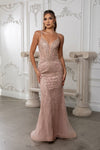 Load image into Gallery viewer, Wholesale Beaded Mesh Mermaid Evening Gown Strappy V-Neck Formal Dress with Lace-Up Back by LA8222 - ROSEGOLD - Prom Dress LA Merchandise